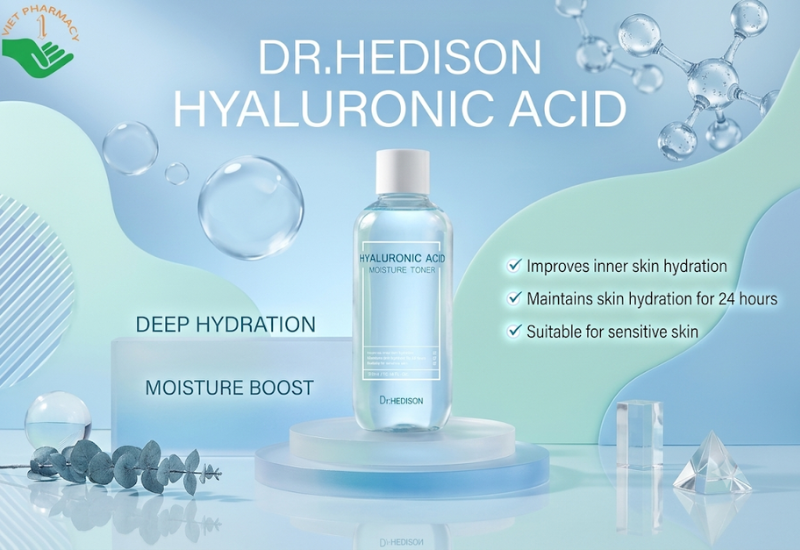 Nước hoa hồng Hyaluronic Acid Moisture Toner Dr.Hedison duy trì độ trong da lên đến 24 giờ (Chai 300ml)
