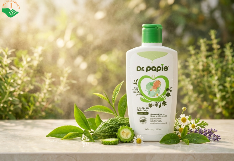 Nước tắm gội thảo dược cho bé Dr.Papie giúp phòng ngừa rôm sảy, mẩn ngứa toàn diện (Chai 230ml)