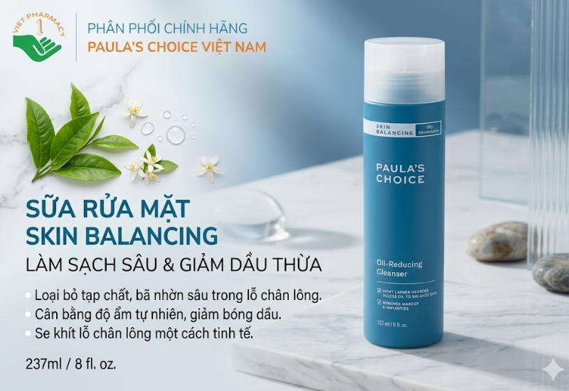 Sữa rửa mặt Skin Balancing Oil-Reducing Cleanser Paula’s Choice làm sạch lỗ chân lông và giảm dầu thừa (Chai 237ml)