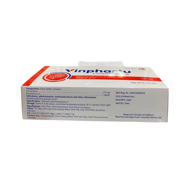 Thuốc trị chóng mặt Vinphastu 25mg Vinphaco (Hộp 50 vỉ x 25 viên)