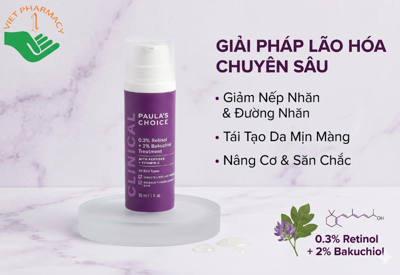 Tinh chất chống lão hóa Clinical 0.3% Retinol + 2% Bakuchiol Treatment Paula's Choice giúp mờ vết thâm và nếp nhăn (Chai 30ml)