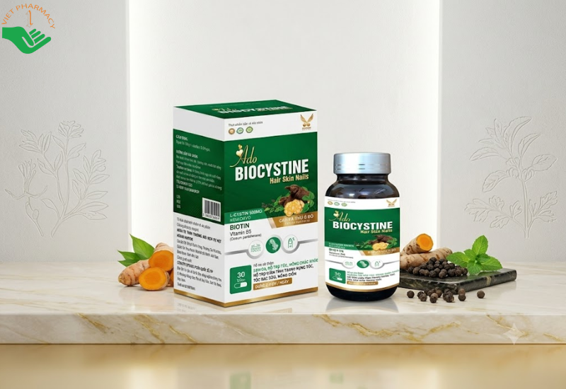 Ado Biocystine Hair Skin Nails Huy Hoàng Pharma giảm tình trạng da xỉn màu, hỗ trợ nuôi dưỡng tóc và móng chắc khỏe (Hộp 30 viên)