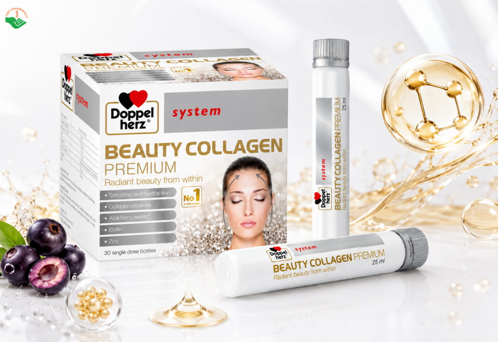 Beauty Collagen Premium Doppelherz giúp tăng cường độ đàn hồi và săn chắc của da (30 ống x 25ml)