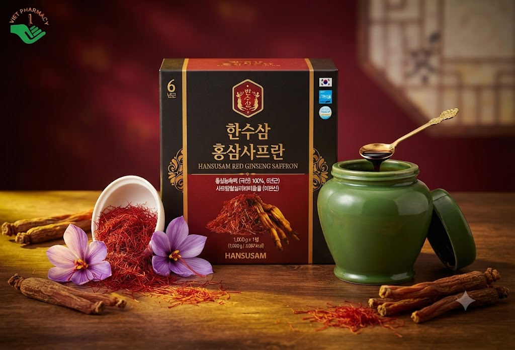 Cao hồng sâm nhụy hoa nghệ tây Red Ginseng Saffron Hansusam tăng cường sức khỏe và làm đẹp da, hỗ trợ giấc ngủ sâu hũ sành 1kg