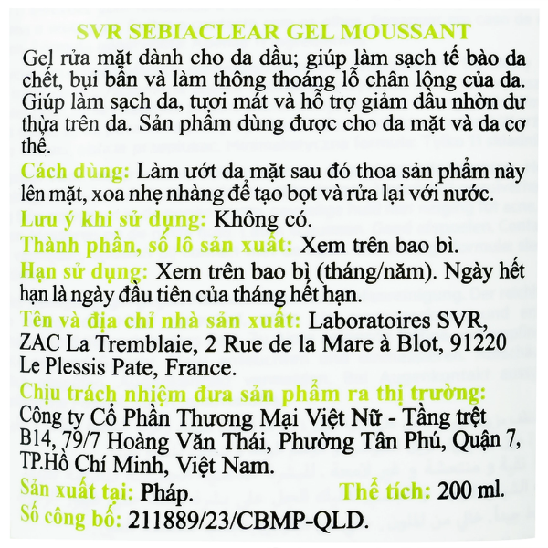 Gel rửa mặt SVR Sebiaclear Gel Moussant (Tuýp 200ml)