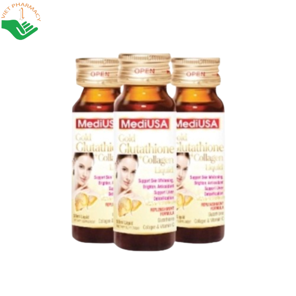 Gold Glutathione + Collagen Liquid MediUSA hỗ trợ dưỡng sáng da, ngăn ngừa lão hóa (Hộp 10 chai x 50ml)
