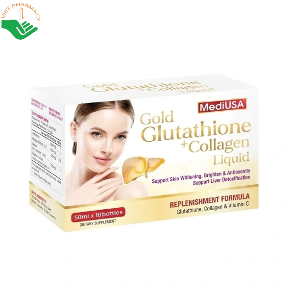 Gold Glutathione + Collagen Liquid MediUSA hỗ trợ dưỡng sáng da, ngăn ngừa lão hóa (Hộp 10 chai x 50ml)