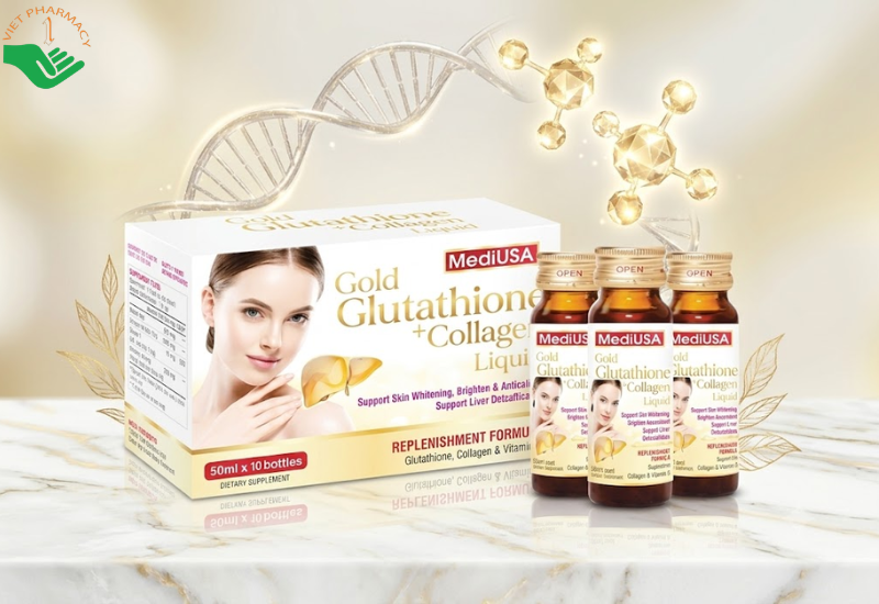 Gold Glutathione + Collagen Liquid MediUSA hỗ trợ dưỡng sáng da, ngăn ngừa lão hóa (Hộp 10 chai x 50ml)