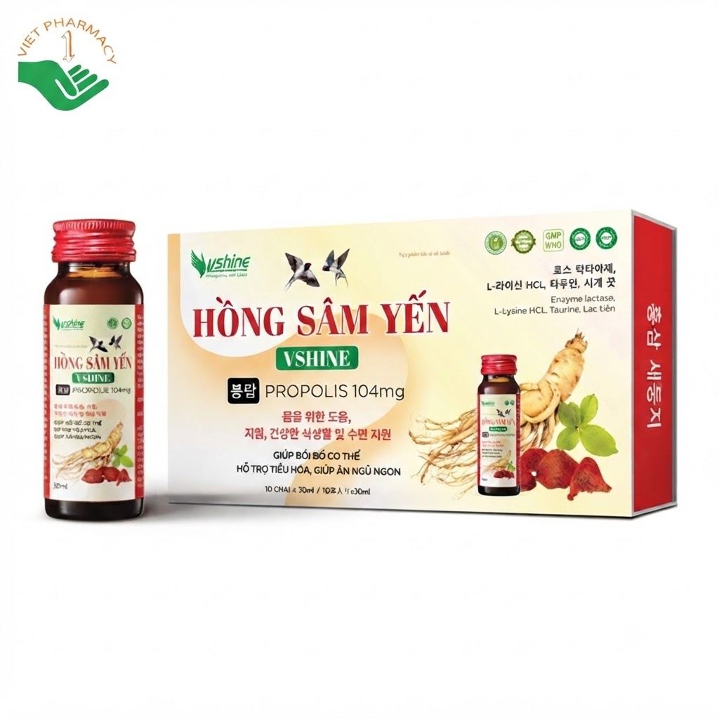 Hồng Sâm Yến Vshine hỗ trợ bồi bổ cơ thể, tiêu hóa, giúp ăn ngủ ngon Hộp 10 lọ x 30ml