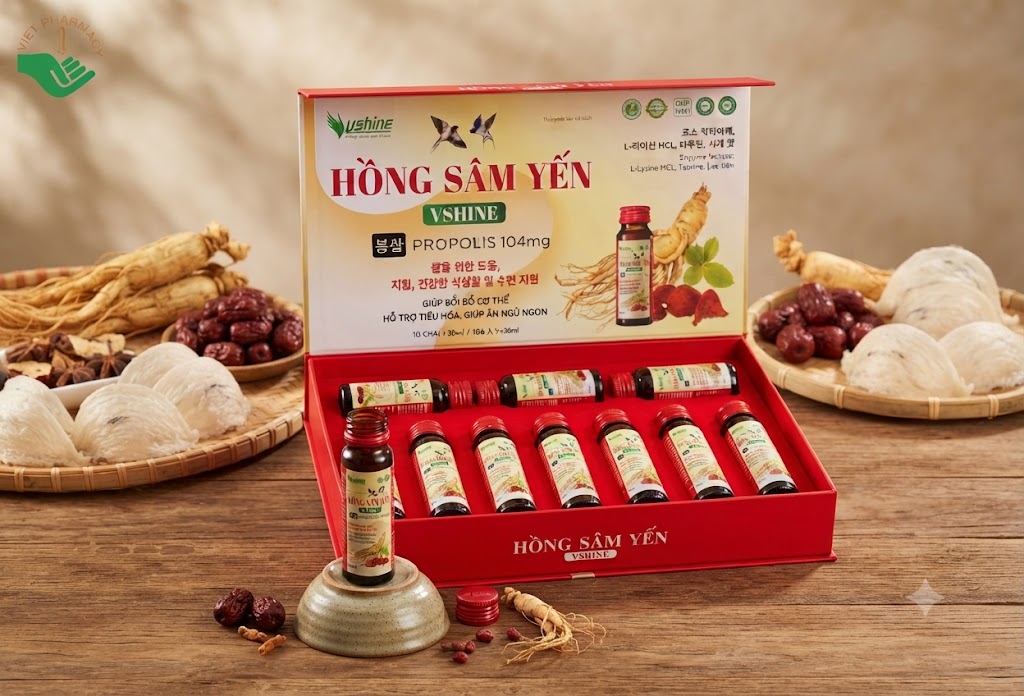 Hồng Sâm Yến Vshine hỗ trợ bồi bổ cơ thể, tiêu hóa, giúp ăn ngủ ngon Hộp 10 lọ x 30ml