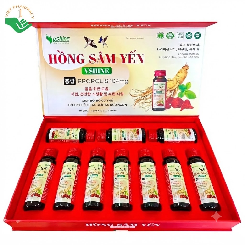 Hồng Sâm Yến Vshine hỗ trợ bồi bổ cơ thể, tiêu hóa, giúp ăn ngủ ngon Hộp 10 lọ x 30ml