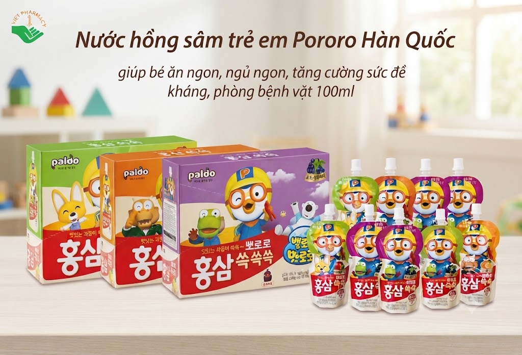Nước hồng sâm trẻ em Pororo Hàn Quốc giúp bé ăn ngon, ngủ ngon, tăng cường sức đề kháng, phòng bệnh vặt 100ml
