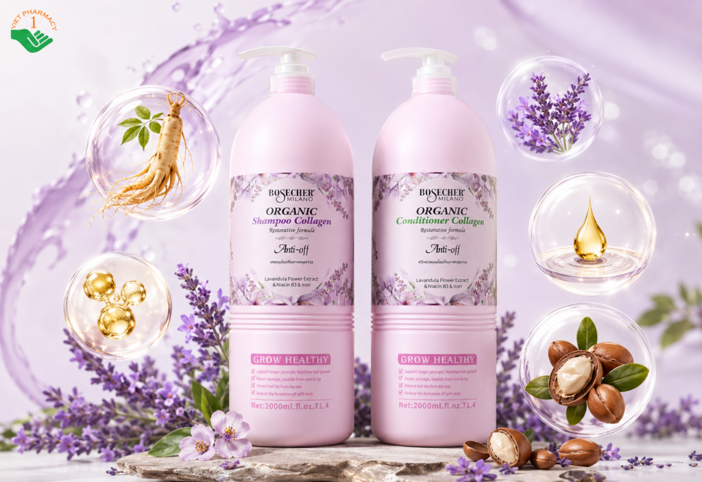 Cặp gội xả Collagen Organic Bosecher loại bỏ bụi bẩn, nuôi dưỡng tóc từ bên trong