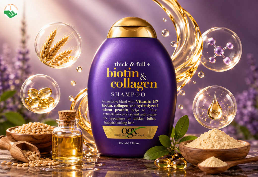 Dầu gội Biotin và Collagen OGX ngăn ngừa rụng tóc, giúp tóc trông dày và chắc khỏe