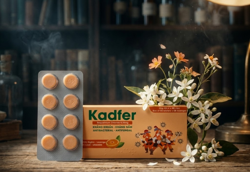 Thuốc viên ngậm sát khuẩn họng Kadfer 0.25 Enlie (Hộp 3 vỉ x 8 viên)