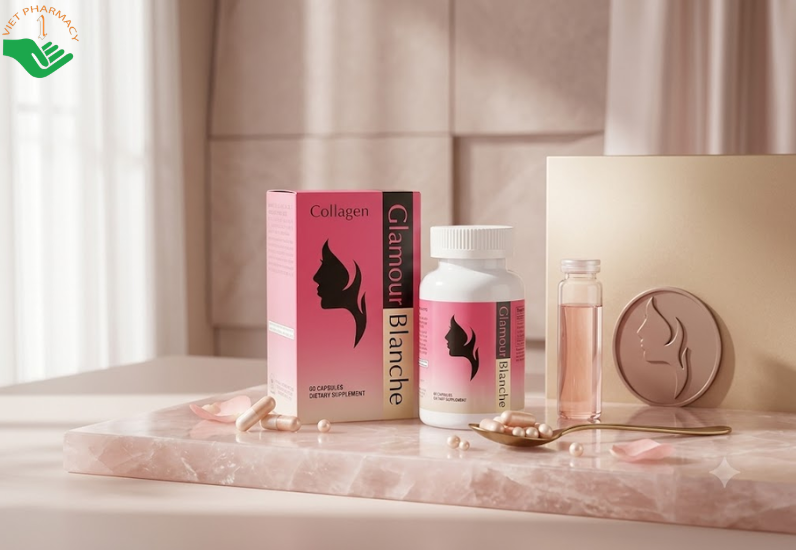 Viên uống Collagen Glamour Blanche AMF Pharma hỗ trợ tăng cường độ ẩm giúp da mịn màng (Hộp 60 viên)