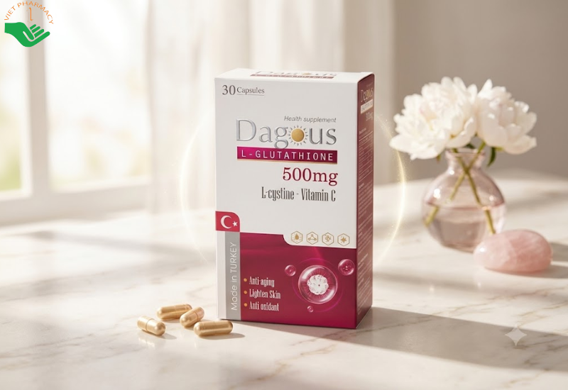 Viên uống Dagous L-Glutathione 500mg Pharmanor İlaç hỗ trợ giảm lão hóa, cải thiện độ sáng của da (Hộp 30 viên)