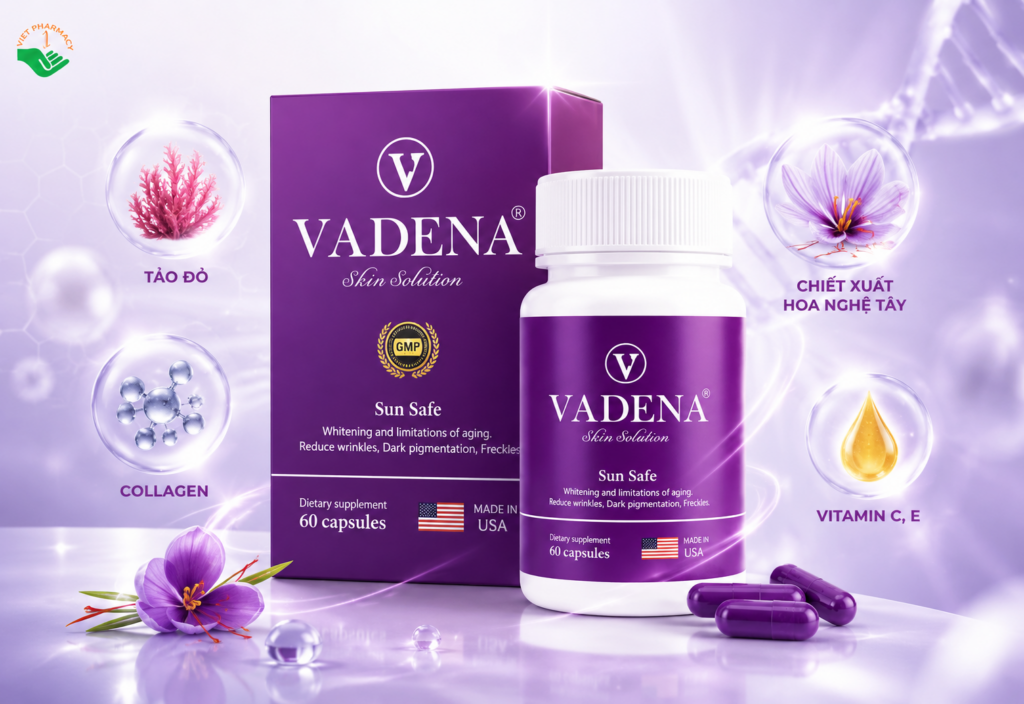 Viên uống trắng da Skin Solution VADENA hỗ trợ làm sáng da, bảo vệ và tăng cường sức khỏe cho da hộp 60 viên