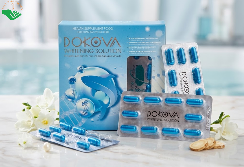 Viên uống Whitening Solution Dokova tăng cường collagen, dưỡng trắng da, chống lão hóa (Hộp 2 vỉ x 10 viên)