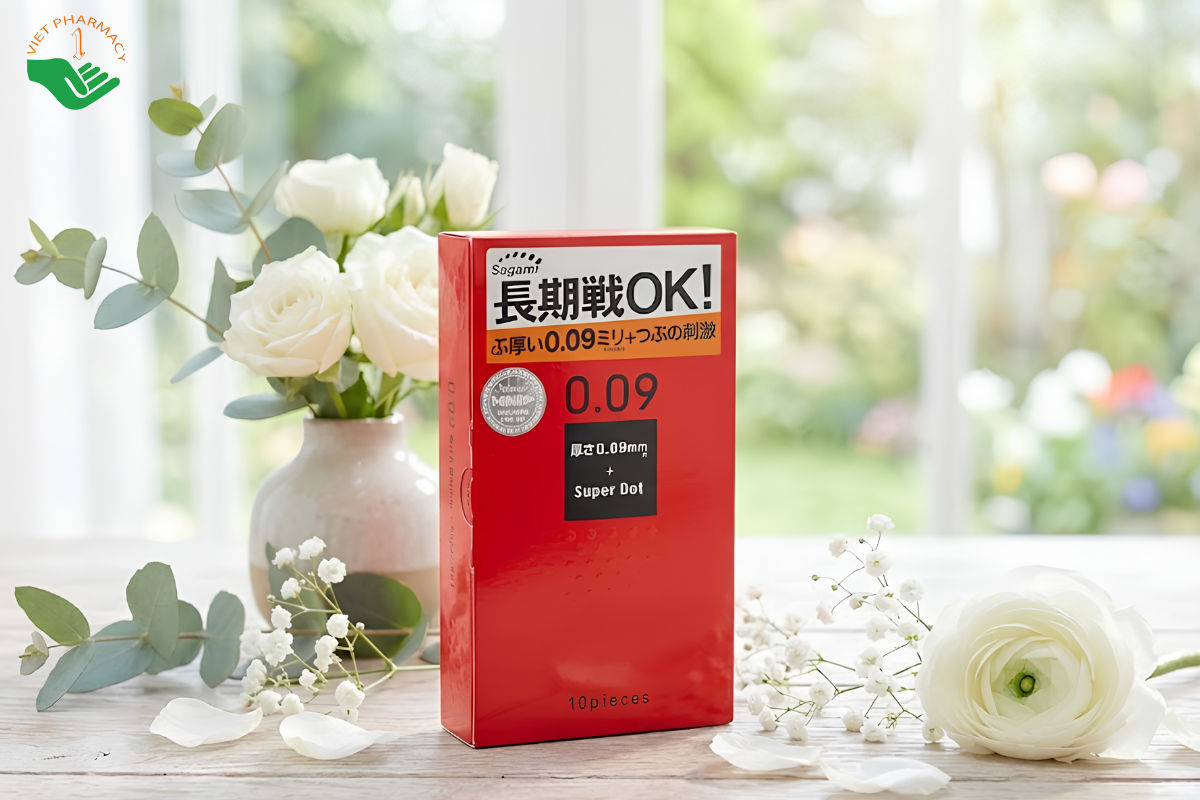 Sagami Super Dots 0.09 làm từ cao su latex, thiết kế nổi bật với các chấm tròn nhỏ (dots) phân bố đều trên thân bao