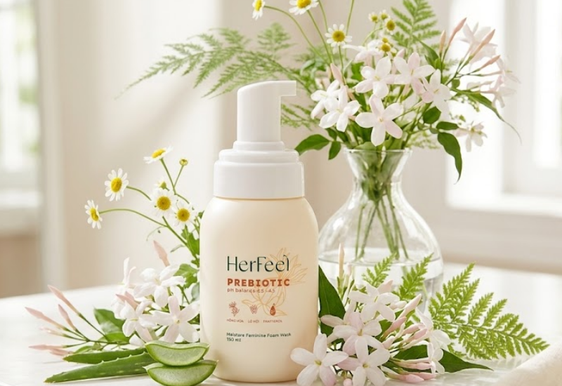 Bọt vệ sinh phụ nữ Her Feel Prebiotic Rose giúp làm sạch dịu nhẹ, cân bằng pH và tạo cảm giác mát lạnh (Chai 150ml)