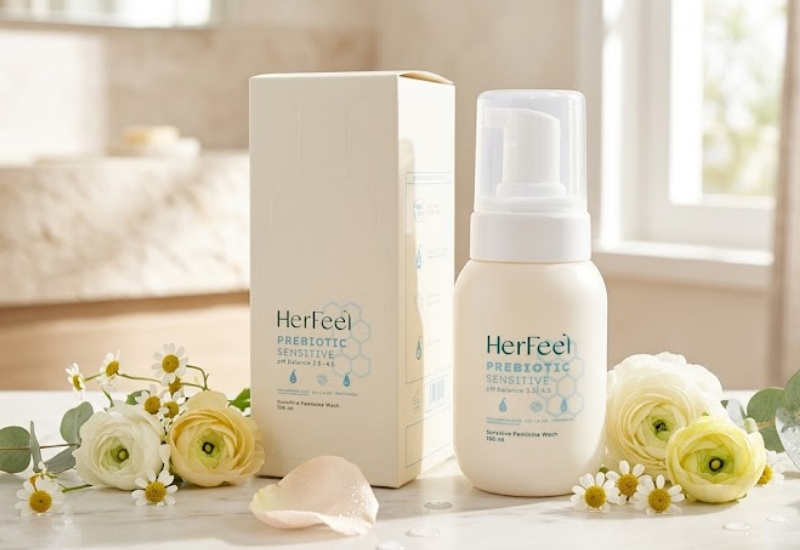 Bọt vệ sinh phụ nữ Her Feel Prebiotic Sensitive làm sạch dịu nhẹ, cân bằng pH cho da nhạy cảm (Chai 150ml)