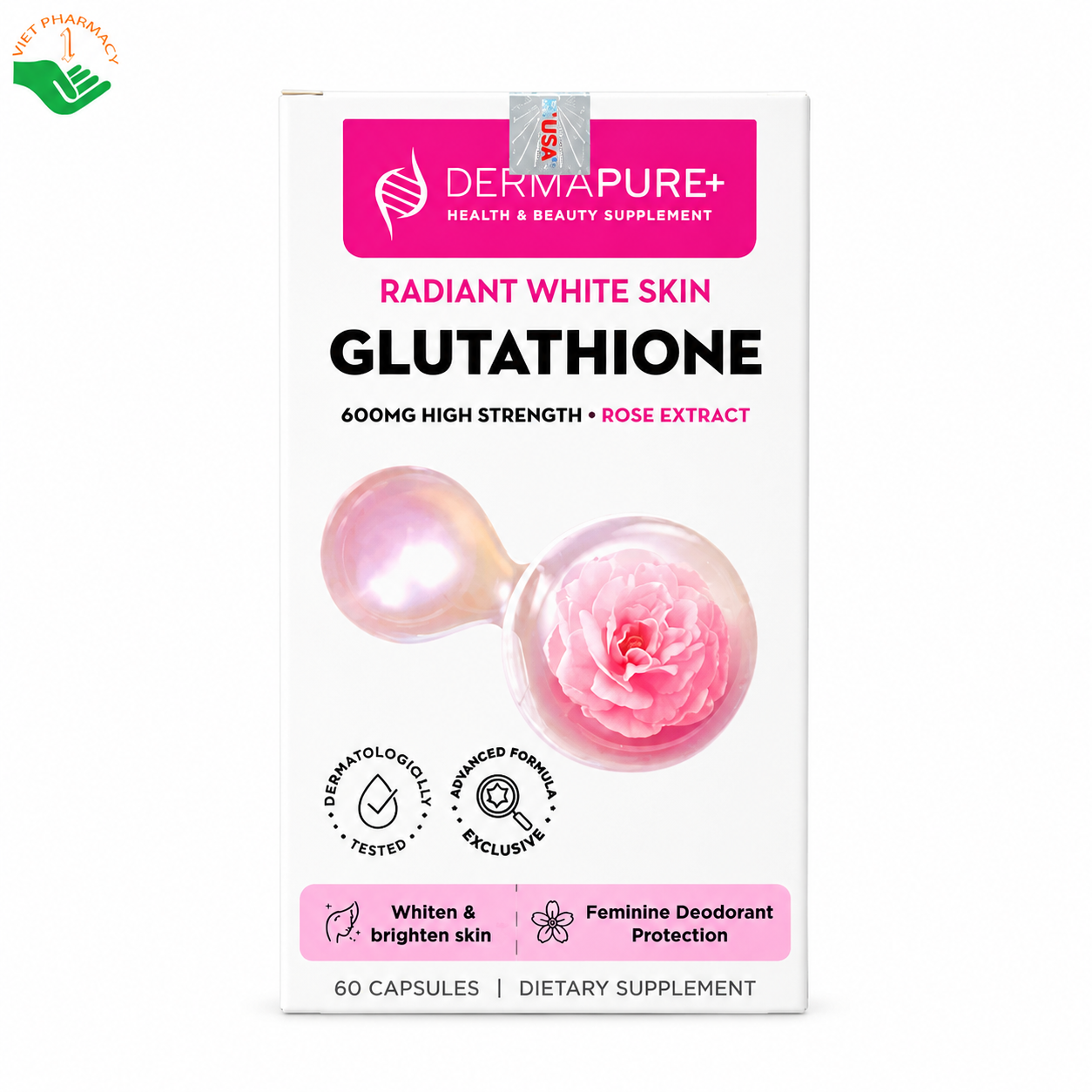 Dermapure+ Glutathione hỗ trợ làm sáng da mờ nám, thơm cơ thể (Hộp 60 viên)