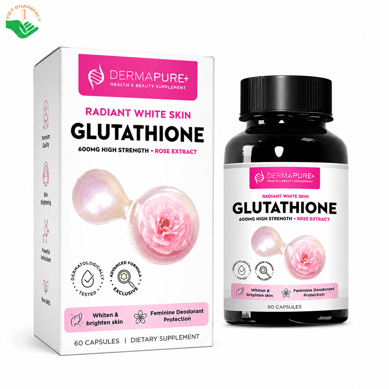 Dermapure+ Glutathione hỗ trợ làm sáng da mờ nám, thơm cơ thể (Hộp 60 viên)