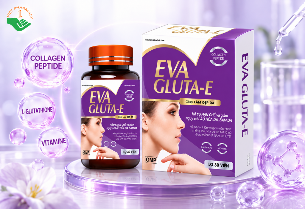 Eva Gluta-E hỗ trợ trẻ hóa, làm đẹp, dưỡng sáng, giảm nếp nhăn trên da (Hộp 30 viên)