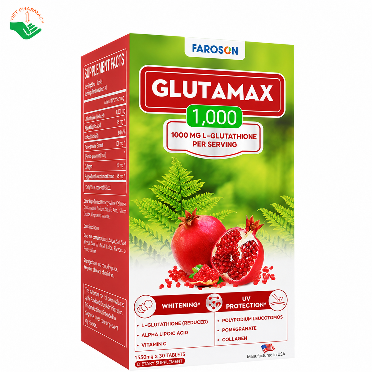 Faroson Glutamax 1000 hỗ trợ làm sáng da, giảm nám, bảo vệ da khỏi tia UV (Hộp 30 viên)