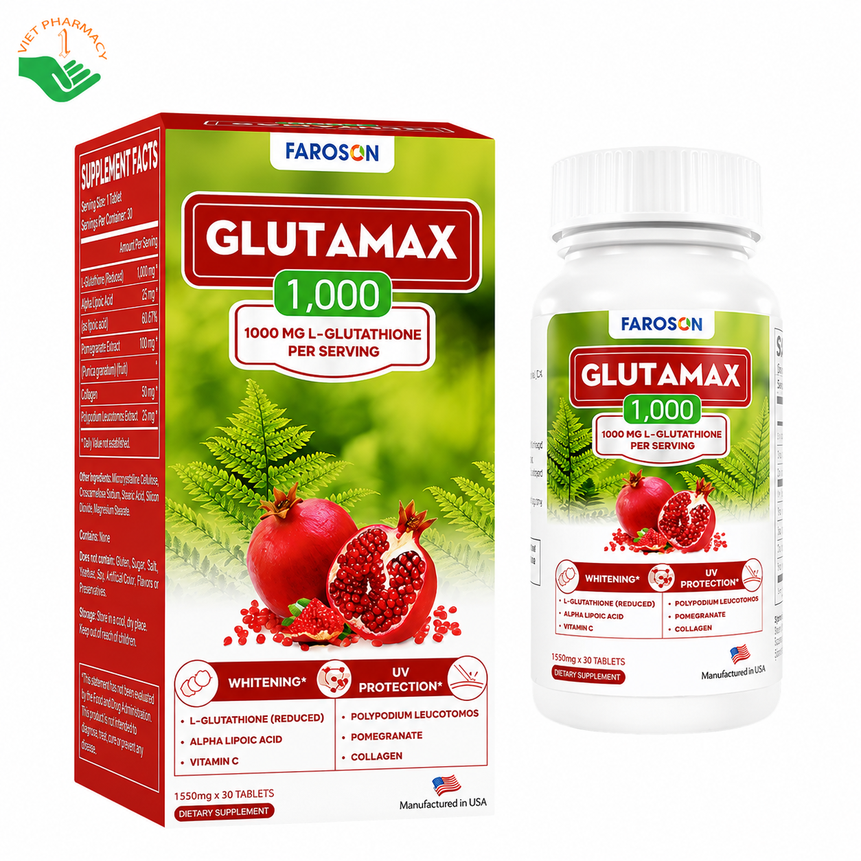Faroson Glutamax 1000 hỗ trợ làm sáng da, giảm nám, bảo vệ da khỏi tia UV (Hộp 30 viên)