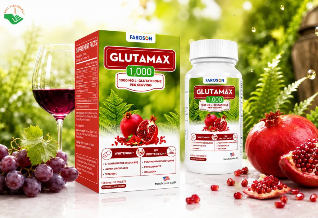 Faroson Glutamax 1000 hỗ trợ làm sáng da, giảm nám, bảo vệ da khỏi tia UV (Hộp 30 viên)