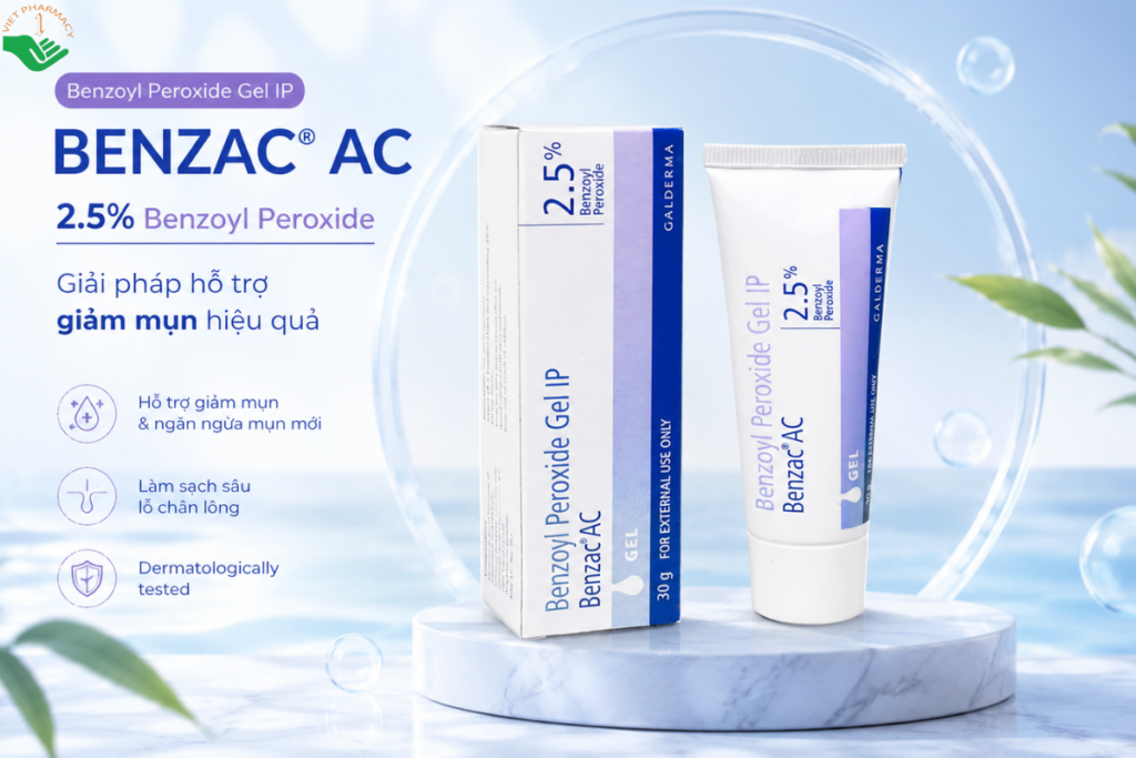 Gel trị mụn Benzoyl Peroxide IP 2.5% Benzac AC Galderma hỗ trợ giảm mụn và kiểm soát dầu (Tuýp 30g)