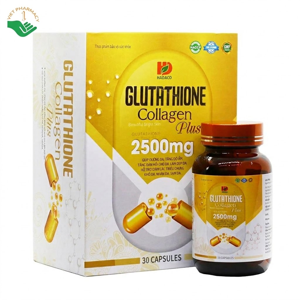 Glutathione Collagen Plus 2500mg Hadaco hỗ trợ cấp ẩm, ngăn ngừa lão hóa da, gia tăng độ chắc khỏe cho xương và tim (Hộp 30 viên)