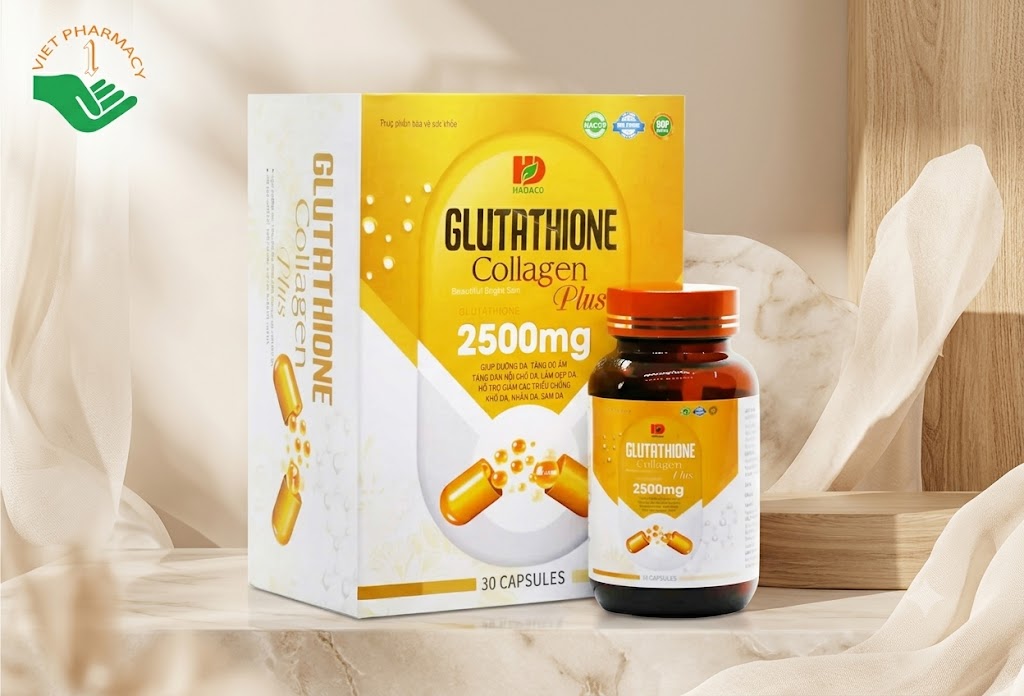 Glutathione Collagen Plus 2500mg Hadaco hỗ trợ cấp ẩm, ngăn ngừa lão hóa da, gia tăng độ chắc khỏe cho xương và tim (Hộp 30 viên)