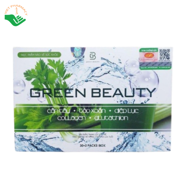 Green Beauty Cần tây, Tảo xoắn, Diệp lục, Collagen, Glutathion Trường Đại Hưng làm chậm lão hóa, hỗ trợ độ đàn hồi cho da (Hộp Hộp 32 gói x 3g)