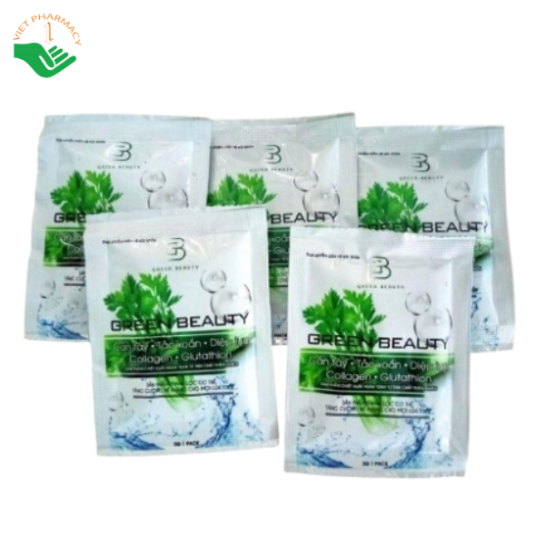 Green Beauty Cần tây, Tảo xoắn, Diệp lục, Collagen, Glutathion Trường Đại Hưng làm chậm lão hóa, hỗ trợ độ đàn hồi cho da (Hộp Hộp 32 gói x 3g)