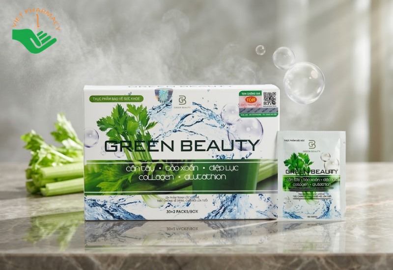 Green Beauty Cần tây, Tảo xoắn, Diệp lục, Collagen, Glutathion Trường Đại Hưng làm chậm lão hóa, hỗ trợ độ đàn hồi cho da (Hộp Hộp 32 gói x 3g)