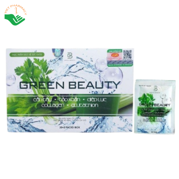 Green Beauty Cần tây, Tảo xoắn, Diệp lục, Collagen, Glutathion Trường Đại Hưng làm chậm lão hóa, hỗ trợ độ đàn hồi cho da (Hộp Hộp 32 gói x 3g)