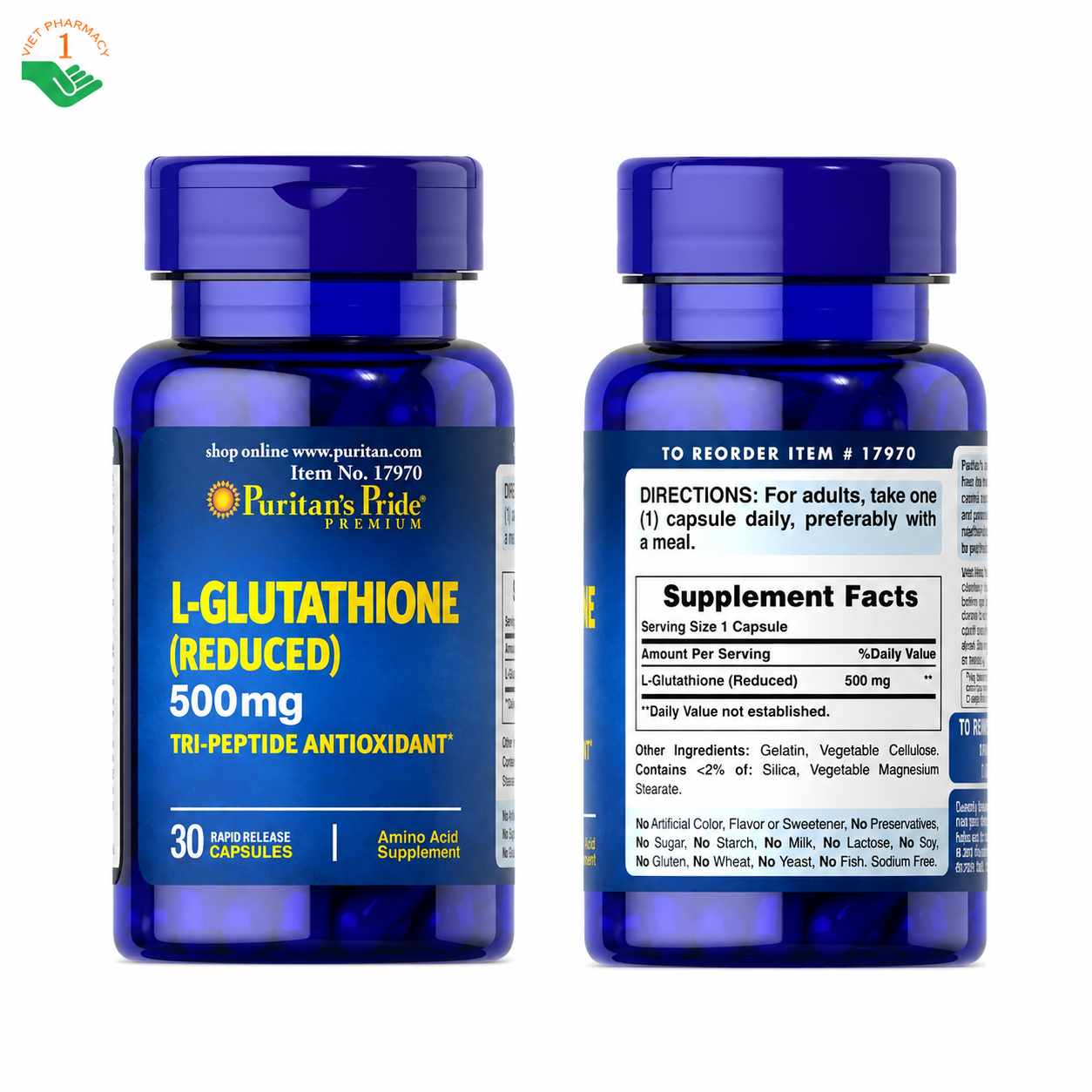L-Glutathione Reduced Puritan's Pride hỗ trợ làm sáng mịn da, ngăn ngừa sạm nám (Hộp 30 viên)