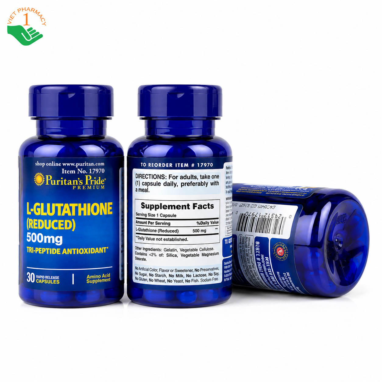 L-Glutathione Reduced Puritan's Pride hỗ trợ làm sáng mịn da, ngăn ngừa sạm nám (Hộp 30 viên)