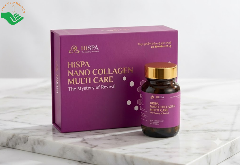 Nano Collagen Multi Care Hispa hỗ trợ chậm lão hóa, tăng cường đàn hồi, giúp da căng mịn (Hộp 2 lọ x 30 viên)