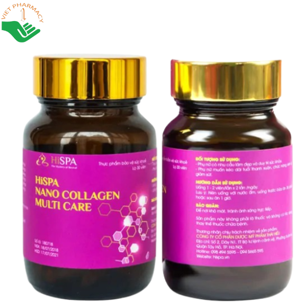 Nano Collagen Multi Care Hispa hỗ trợ chậm lão hóa, tăng cường đàn hồi, giúp da căng mịn (Hộp 2 lọ x 30 viên)