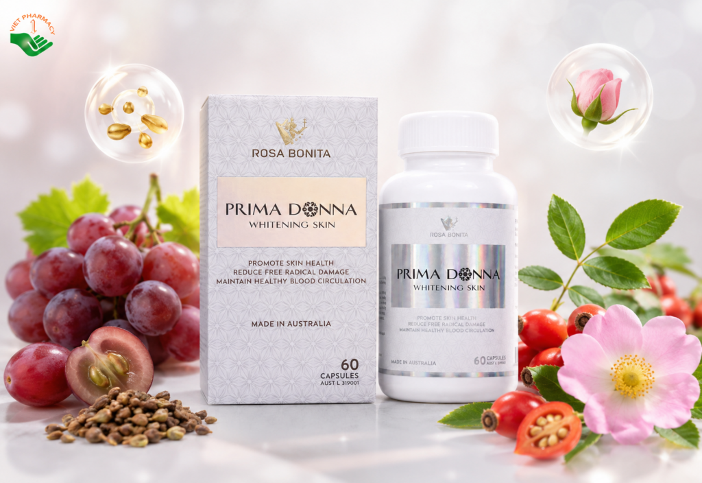 Prima Donna Rosa Bonita hỗ trợ dưỡng trắng, giảm mụn, dưỡng ẩm và làm dịu da (Hộp 60 viên)