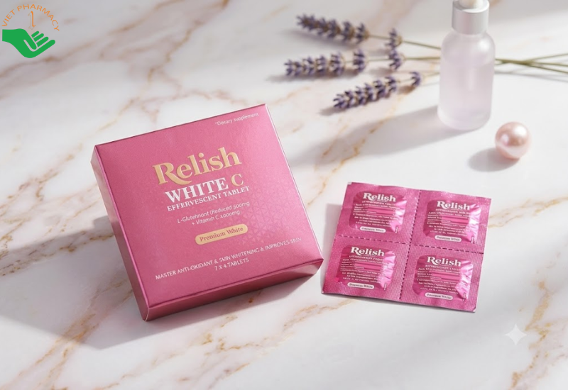Relish White C Effervescent Tablet Reliv Pharma hỗ trợ làm sáng da và cải thiện da không đều màu (Hộp 7 vỉ x 4 viên)