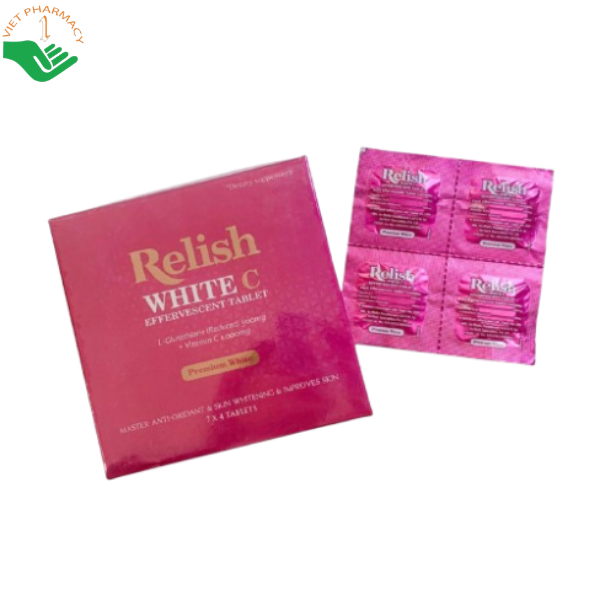 Relish White C Effervescent Tablet Reliv Pharma hỗ trợ làm sáng da và cải thiện da không đều màu (Hộp 7 vỉ x 4 viên)