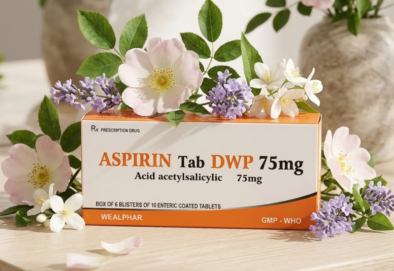Thuốc Aspirin Tab DWP 75mg Wealphar (Hộp 6 vỉ x 10 viên)