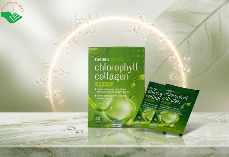 Tworld Chlorophyll Collagen Pluss IMC hỗ trợ tăng độ ẩm, giúp bề mặt da sáng và đều màu (Hộp 30 gói x 4g)