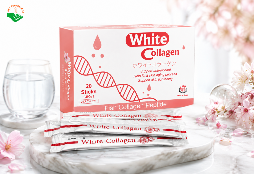 White Collagen Fish Collagen Peptide hỗ trợ chống oxy hóa, chống lão hóa, làm sáng da (Hộp 20 gói)