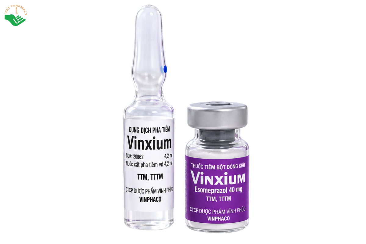 Bột đông khô pha tiêm Vinxium 40mg Vinphaco điều trị viêm loét dạ dày tá tràng (Hộp 5 lọ + 5 ống dung môi)